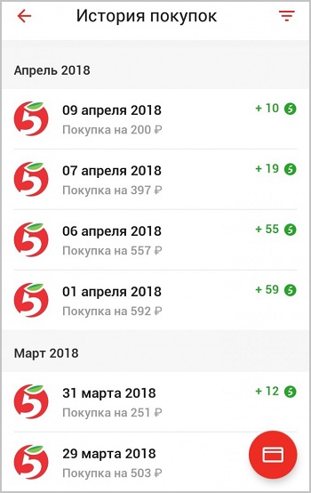 Purchase history in the Pyaterochka app