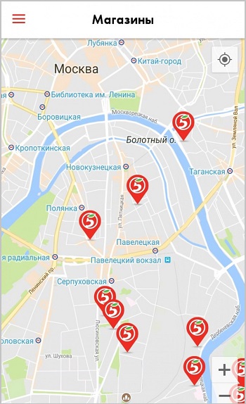 The nearest stores in the Pyaterochka app