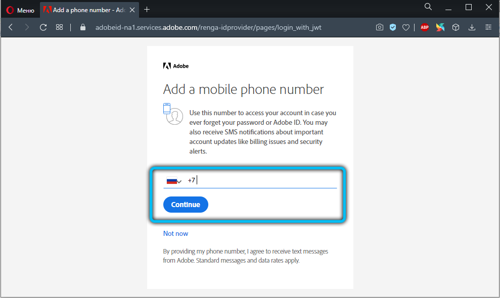 Entering a phone number on the Adobe site