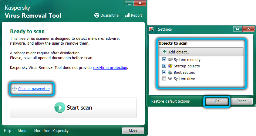 Selecting scan objects in Kaspersky Virus Removal Tool