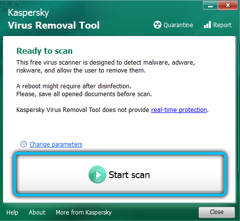 Launching a scan in Kaspersky Virus Removal Tool