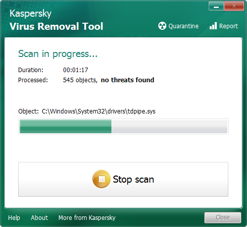 Scanning process in Kaspersky Virus Removal Tool