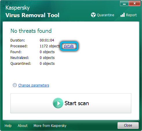 Viewing scan details in Kaspersky Virus Removal Tool