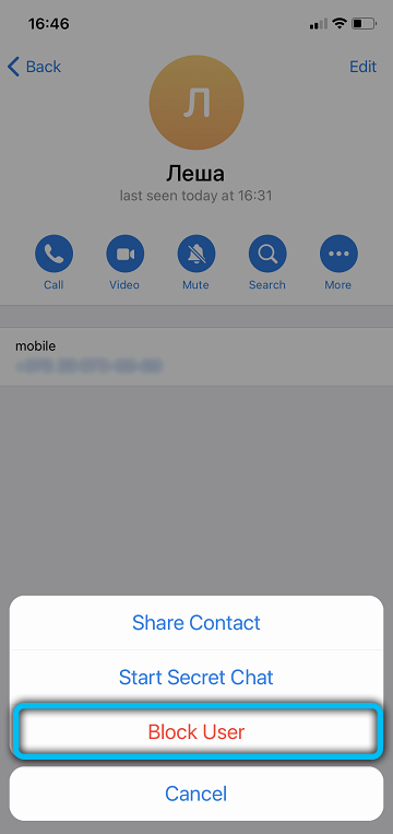 Blocking a contact in Telegram