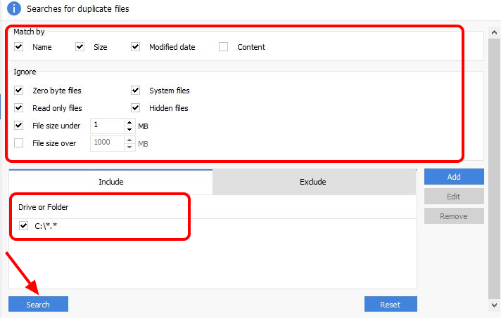 Running a duplicate search in CCleaner