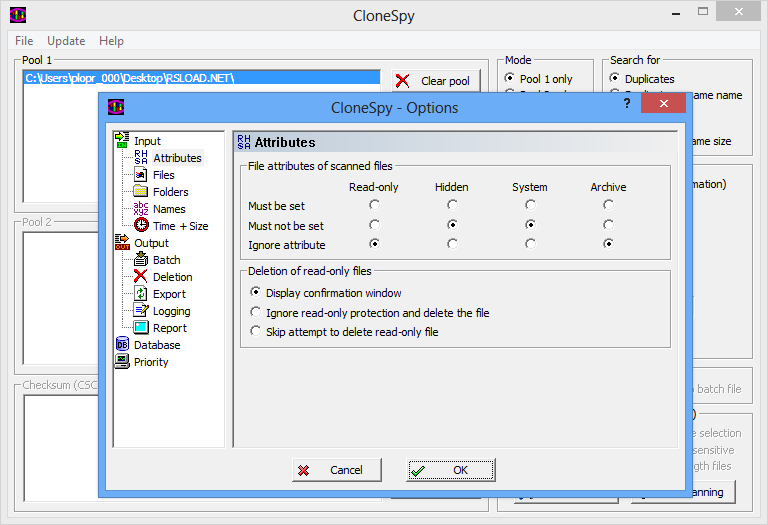 Configuring CloneSpy Search and Duplicate Removal Options