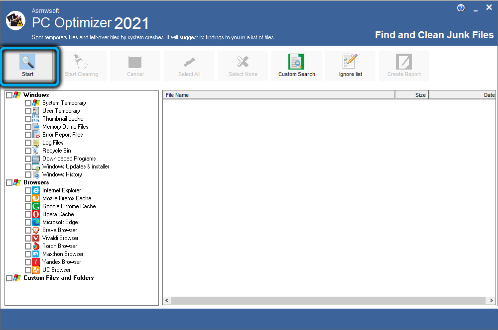 Start in Asmwsoft PC Optimizer