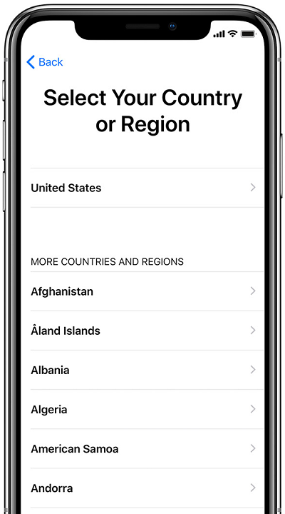 Selecting a country or region on iPhone