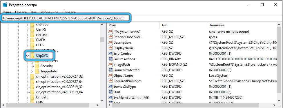 Path to the ClipSVC folder in the system registry