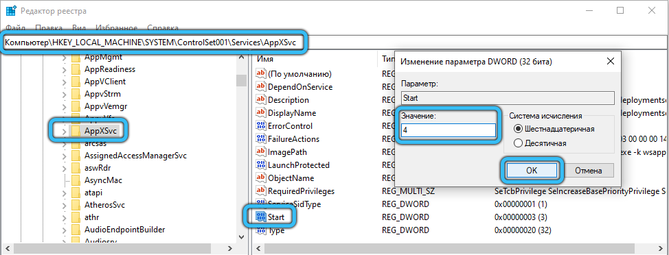 Value "4" for the Start parameter in the AppXSVC folder