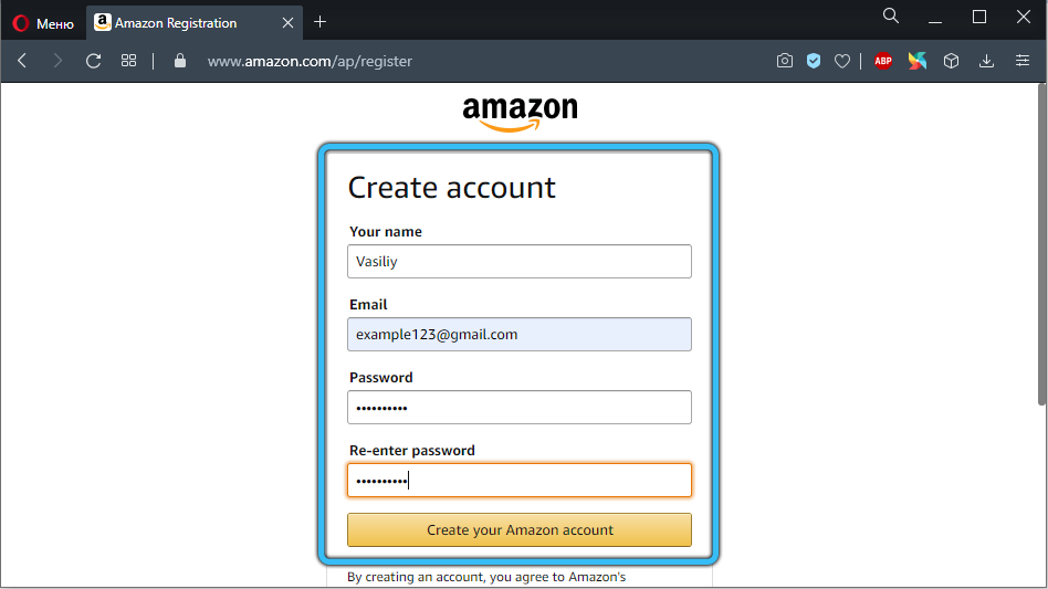 Entering Data to Create an Amazon Account