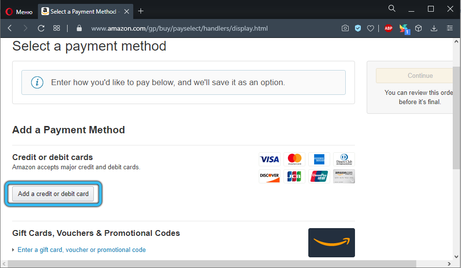 Choosing a payment method on Amazon