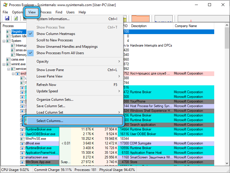 Select Columns in Microsoft Process Explorer