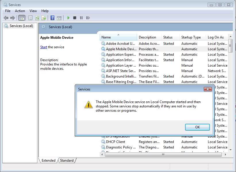 Restarting Apple Mobile Device Service