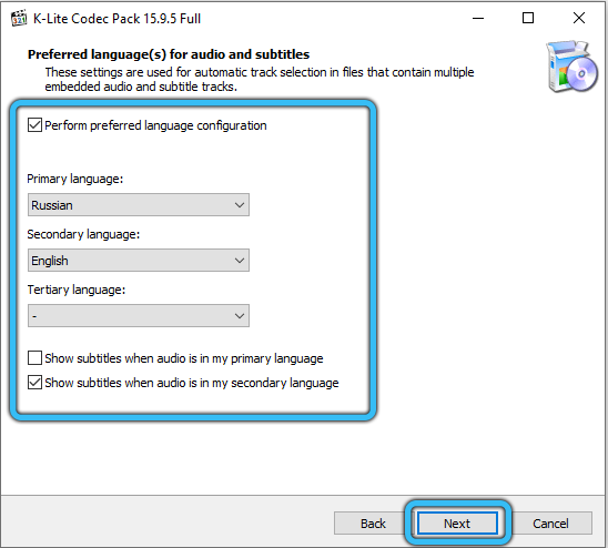 Choosing a language for installing the K-Lite package