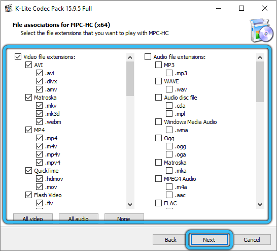 Selecting formats for installing the K-Lite package