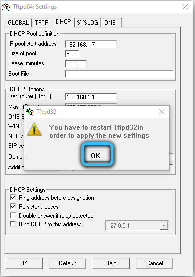 Confirming changes to settings in TFTPD64