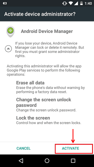 Activating Android Device Manager Settings
