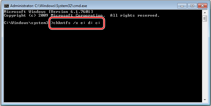 Entering the chkntfs command in Windows 7