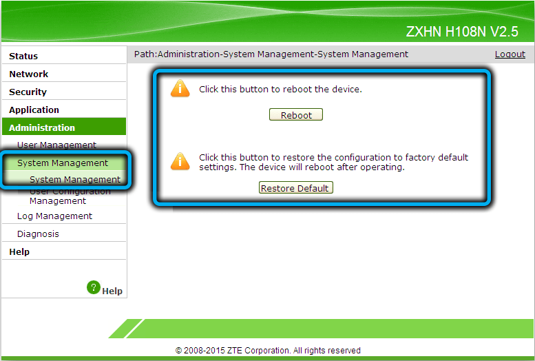 Reset router ZTE ZXHN H118N