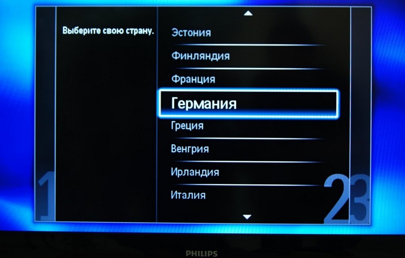 Selecting the country in the TV settings