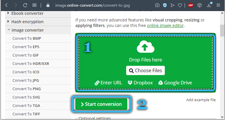 Selecting a file and start converting to Online-convert