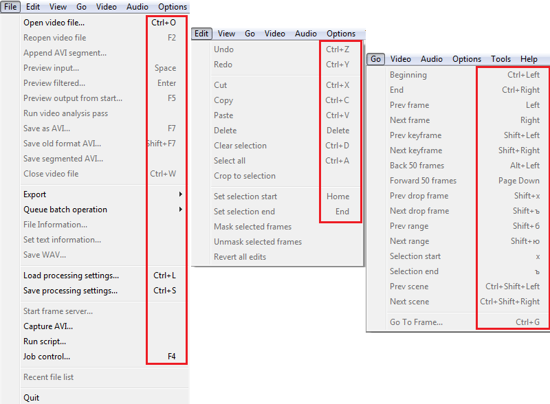 Basic keyboard shortcuts in VirtualDub