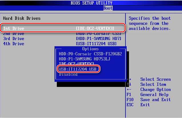 Installing a USB flash drive in the first place in the AMI BIOS
