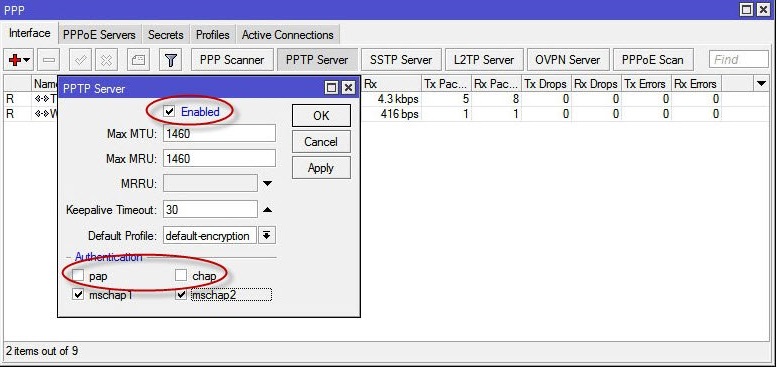 PPTP server parameters