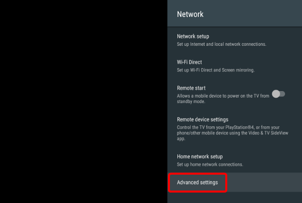 Network settings on Android TV