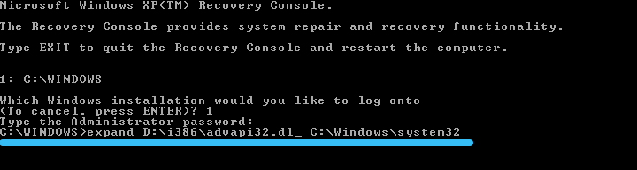 Entering the command to repair the ADVAPI32.dll file in Windows