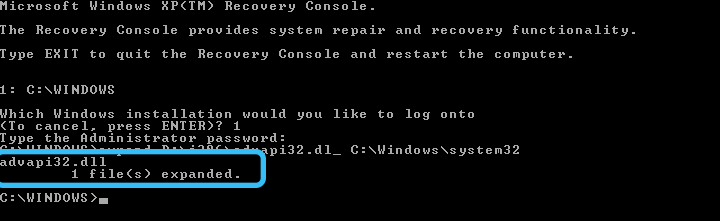 Console output after command to restore ADVAPI32.dll in Windows