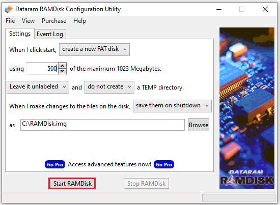 Starting the creation of a RAM disk