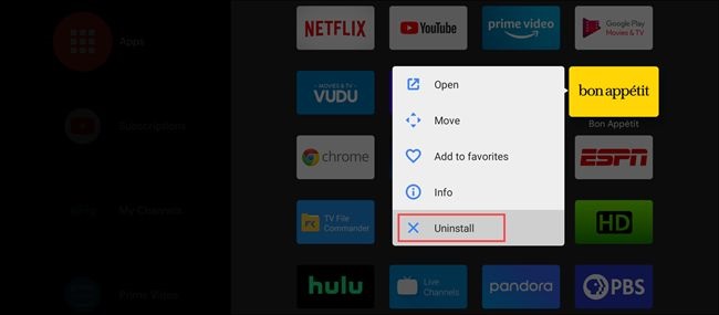 Removing an app on Android TV