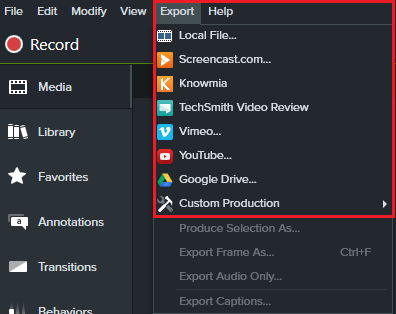 Export video to Camtasia Studio