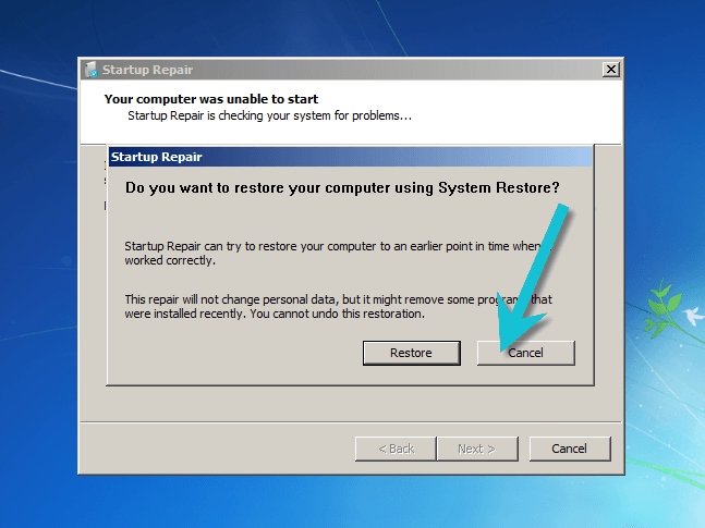 Confirmation to undo a Windows 7 restore