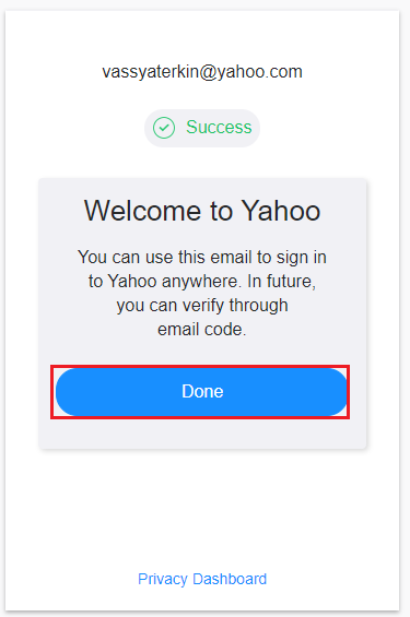 Successful registration with Yahoo